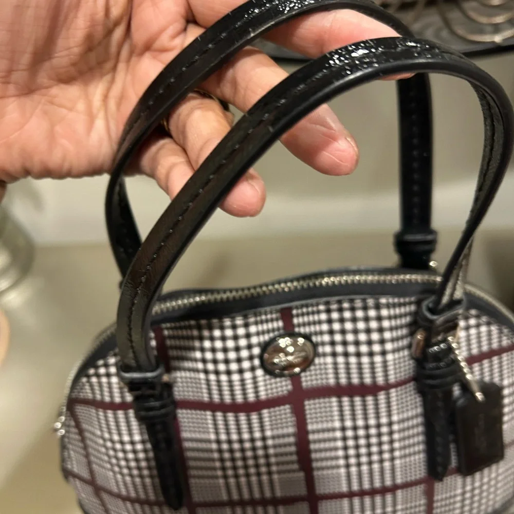 Coach Black & White Plaid Satchel with Burgundy Grid